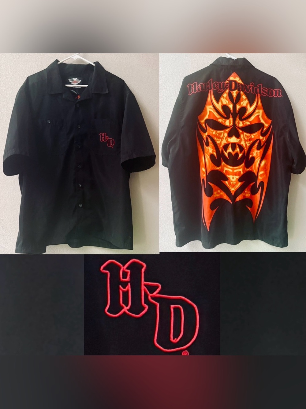 Harley Davidson Fire Skull Biker Motorcycle Black Button Down Size XL